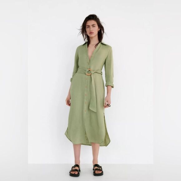 Zara Dresses & Skirts - ZARA Linen Shirt Dress Midi With Belt size XS Light Khaki Green  Long